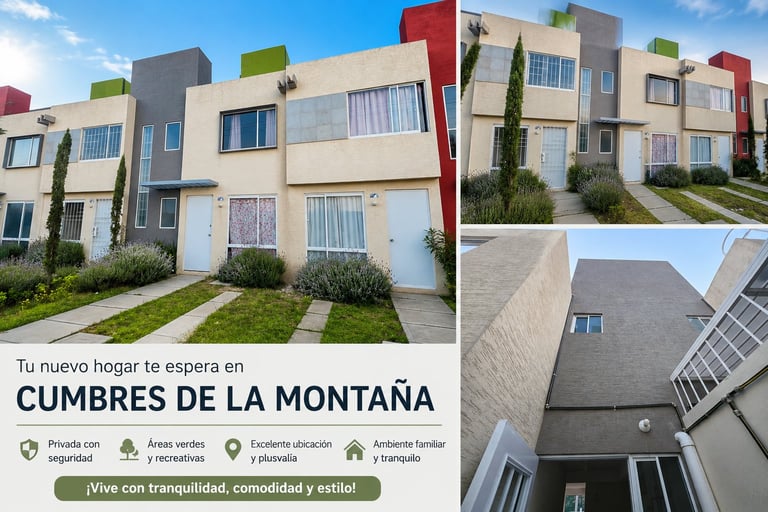 Promotional image for Cumbres de la Montaña housing development showing modern townhouses with colorful accent panels and amenity icons